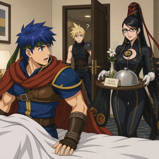 ike from super smash bros in a hotel room surprised , cloud strife from final fantasy 7 standing at the door confused at Bayonetta, Bayonetta from super smash bros comes in with room service