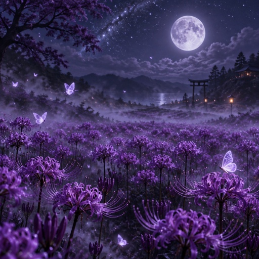 Moon, Stars, field of purple spider lillies, butterflies 
