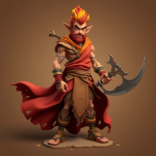 Create handsome hero Rhen the Fire – A lean, muscular man. He wears layered, flowing desert robes dyed in warm reds and golds, with scorch marks where flames have licked them. A curved blade hangs at his hip. Show whole body head to toe including her shoes.