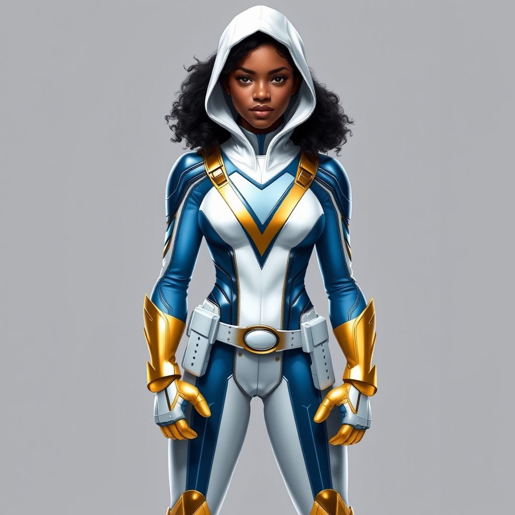 A teenage African American female superhero  wearing a white hood over a professionally made slightly armored white and blue suit with blue pants gold accents and a stylized V as her chest emblem a utility belt and gold boots
