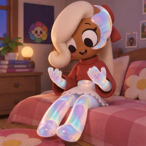 a cartoon character is sitting on a bed