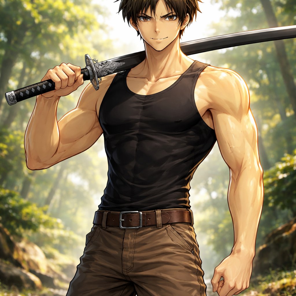 Adolescent, 6ft, slightly bulky with refined muscles, a slightly yellow and transparent coating, basic medieval pants with a tight black sleeveless shirt, a silver handle with a black blade that has a simple silver design in the middle, black hair, even hair with a middle part and a blonde streak