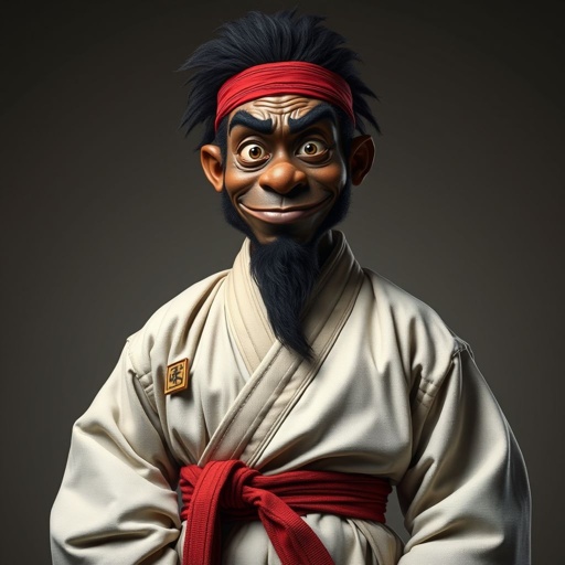 Create a funny looking African sensei. Show the whole character from head to toe and make him serious. 