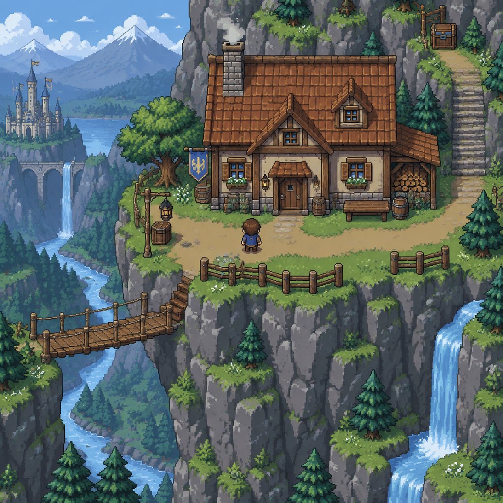Old House on a mountain side platform for a fantasy game set in modern times, exterior, top down style