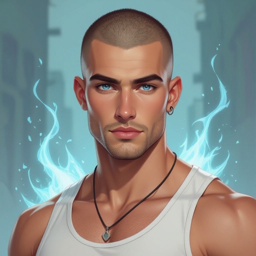 Mężczyzna. Wysoki o muskularnej budowie. Obcięty na jeżyka brązowe włosy. wygolone boki na zero. Włosy ulizane na bok. Delikatny zarost.  Orli nos. Pyzata twarz. Wąskie usta i jasne niebieskie oczy. Sportowiec. Ubrany w koszulkę bez rękawów zasłaniającą brzuch