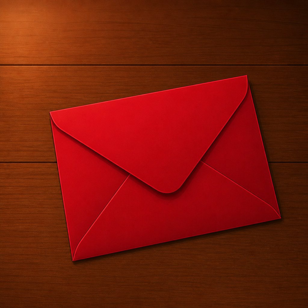 a red envelope sitting on top of a wooden table