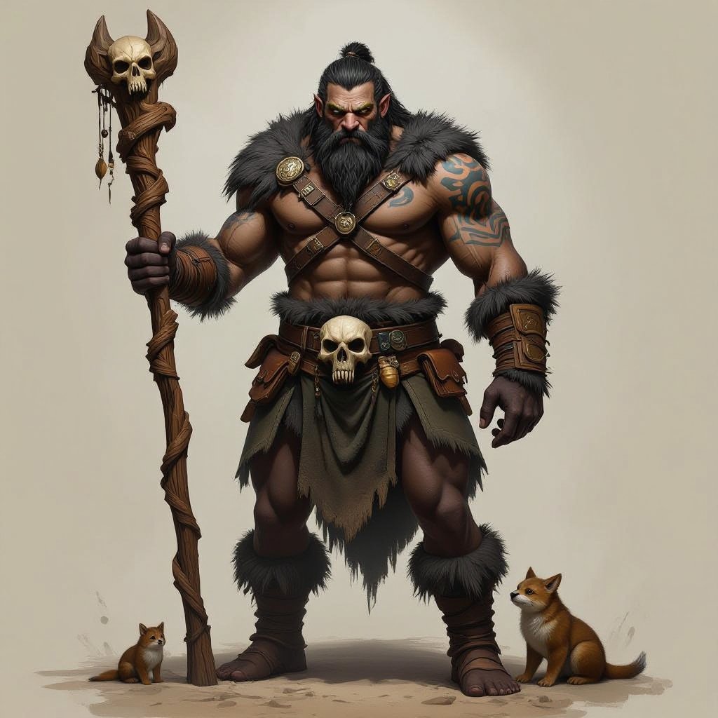 Kael the Beastbound – A rugged, broad-shouldered man with black skin and a rough beard, wearing armor made from bone and leather. deep green eyes tattoos of animal tracks spiral down his arms. He carries a massive wooden staff carved with the shapes of beasts, and small creatures often perch on his shoulders or follow at his feet.