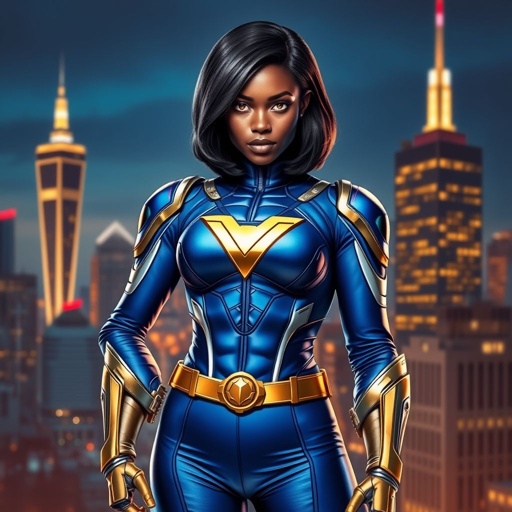 African American female superhero with hair  in a shoulder length side part hairstyle with pure Gold Glowing eyes wearing  slightly armored royal blue white and gold accented suit with royal blue pants and gold knee length boots with a utility belt with a gold V  as her chest emblem in Philadelphia 