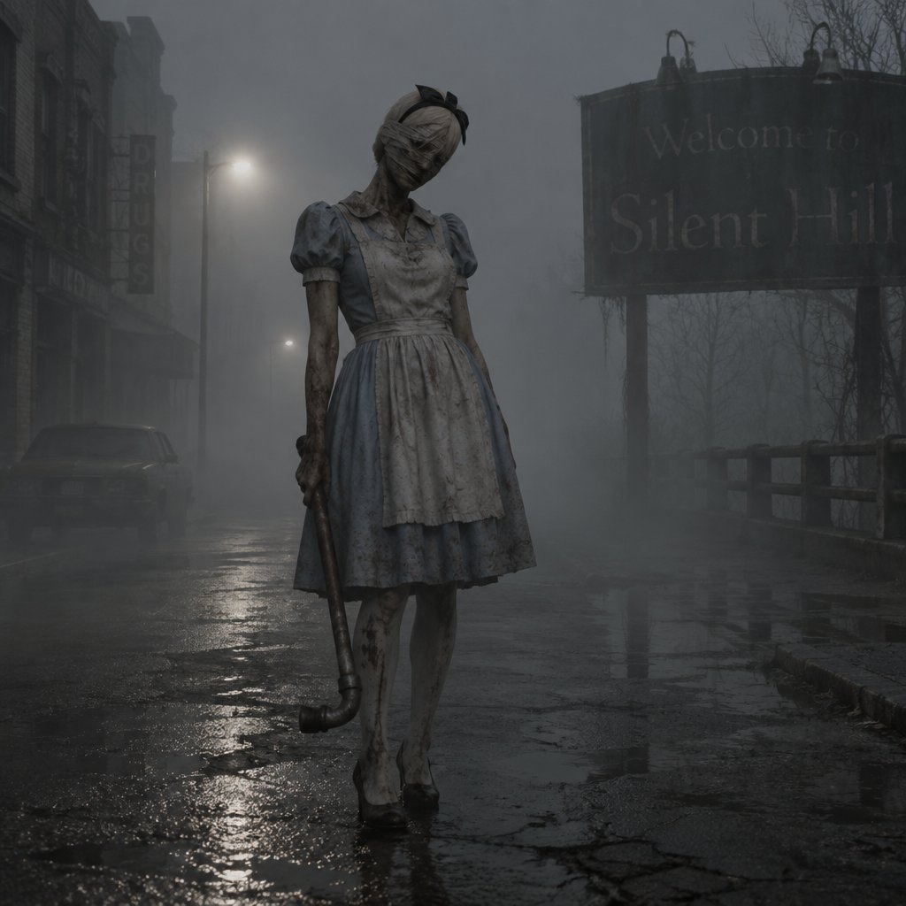 Silent hill with the nurse from the silent hill movie but in Alice’s dress from Alice in wonderland
