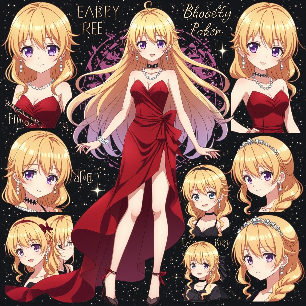 She has blonde hair and purple eyes and a red dress and black high heels and pearl earrings 