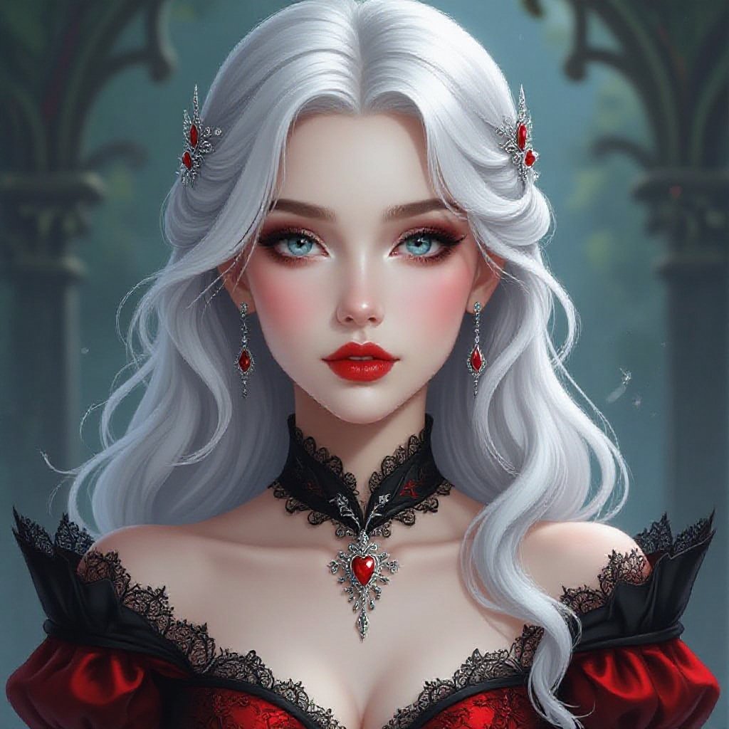 Princess. Silver hair. Silver eyes. Pale skin. Heart shaped face. Wearing a red and black dress.