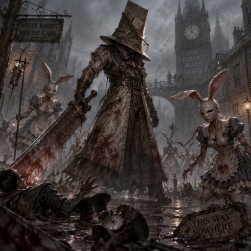 Silent Hill with pyramid head and the nurses with an Alice and wonderland spin with mad hatter as pyramid head