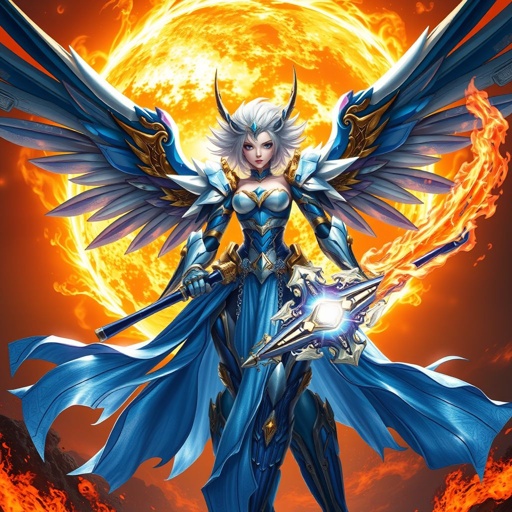 A blue white and gold feminine mech with a giant flaming sword and metal wings fighting on the surface of the sun