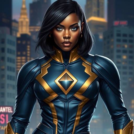 African American female superhero with hair in a shoulder length side part hairstyle with pure silver Glowing eyes wearing a leather slightly armored navy blue and gold suit with navy blue pants and gold boots and a gold diamond within a black hole as her chest emblem in Philadelphia