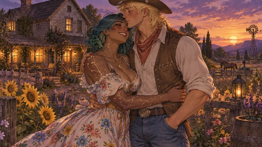 Vivid non-realistic fantasy D&D concept art of a man playfully kissing a woman on the forehead in a flowering farm field in front of a farmhouse at dusk. the woman is tall, toned, curvy, and gentle with wavy bobbed teal hair, dark tan skin, freckles, brown eyes, and all encompassing glittering constellation tattoos, wearing a soft colorful flowy country dress. she giggles and hugs her friend. the man is tall, gentle, and sweet with a blonde messy mullet, soft green eyes and freckles, wearing a cowboy hat and vibrant farm clothes.