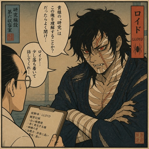 Anime male,name is Lloyd,hair messy long braided black hair with white stripes,clean shaven,highly skilled,in late 20s,migraines,sarcastic,red glowing eyes,one eye is severely damaged,serious face,been unwillingly experiment on for many years until finally found and rescued ,has power of a spider and control spiders make traps poison and crawl on walls and ceiling dangerous,glasses,wears a loose jacket a nice fully covered shirt ,loves spiders, nice big earrings,tattoos on arms that means arachnid and on left arm tattoo that says sub 389,doesn't remember anything from his past except the experiments, long scary fingers, spider fangs, traumatized,special agency is keeping an eye on him. Lloyd and a scientist having a conversation, scientist “do you know where you originally lived or any relatives” Lloyd “no… but why does that matter know? Who cares I don’t,there’s no point, I wouldn’t be recognized by them anyway”scientist”you don’t care to find out who you are?” Lloyd “no…I don’t” scientist “what else do you remember?” Lloyd staring of in the distance with a small look of fear in his eyes says “only the experiments”as a comic