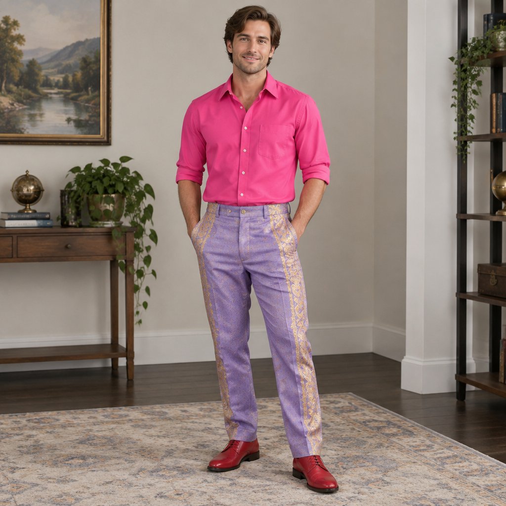 Brown Hair Male Hot Pink Shirt Lavender Gold Pants Red Shoes Size Large Medium Human