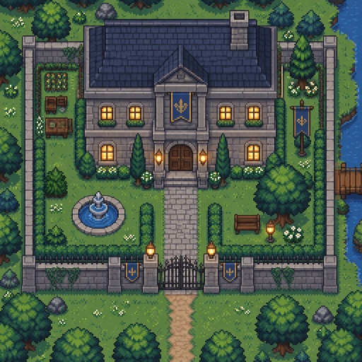 cozy mansion for a modern fantasy game, exterior, top down style