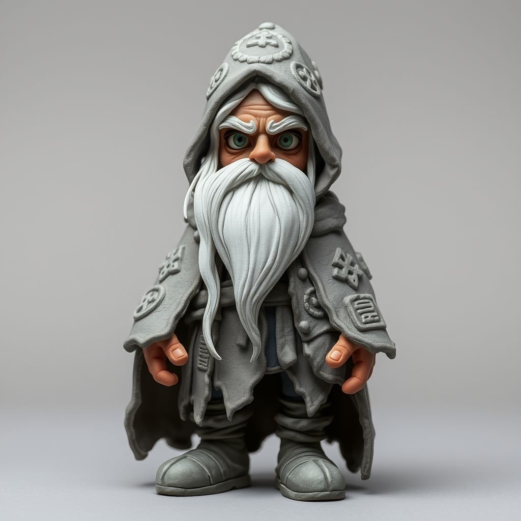 Create old aged character: The Silver-Eyed Wanderer – A tall, long beard hooded androgynous figure with hair that white. piercing silver eyes seem to see both past and present at once. a long, tattered cloak covered in stitched symbols from lands unknown. Show her whole body head to toe including her shoes.