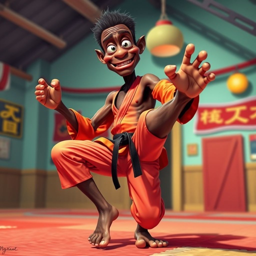 Create a character who looks like a funny African karate guy who doesn’t have a clue what he is doing. Make him have weird toes, only speedos on and a black karate belt. Make him tall skinny and slinky.