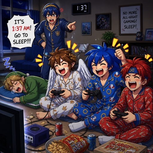 Super smash brothers link from legend of Zelda, pit from kid Icarus, and sonic the hedgehog as a human,Marth from fire emblem,Roy from fire emblem, Roy pit and human sonic all in pjs playing a video game in the living room on the floor laughing and being loud in the middle of the night, link past out snoring, and Marth coming into the living room wearing pjs yelling at them saying “it’s 4 o’clock in the morning go to bed!”