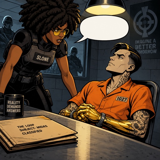 Slone from Fortnite interrogating Midas from Fortnite, Midas wearing an orange jumpsuit 