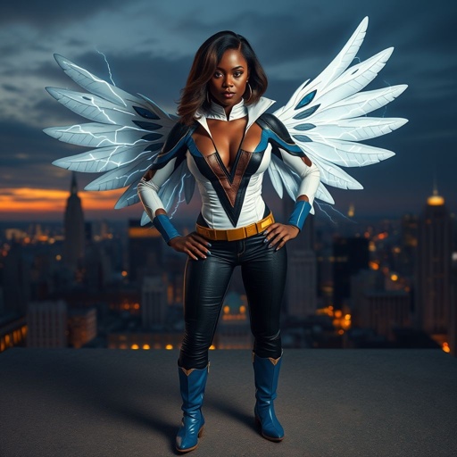 African American female superhero with shoulder length hair in a side part style and wings made of white lightning wearing a mask wearing a slightly homemade white blue and black suit with black pants with a stylized V as her chest emblem wearing blue flat boots made of gold standing in Philadelphia at dusk