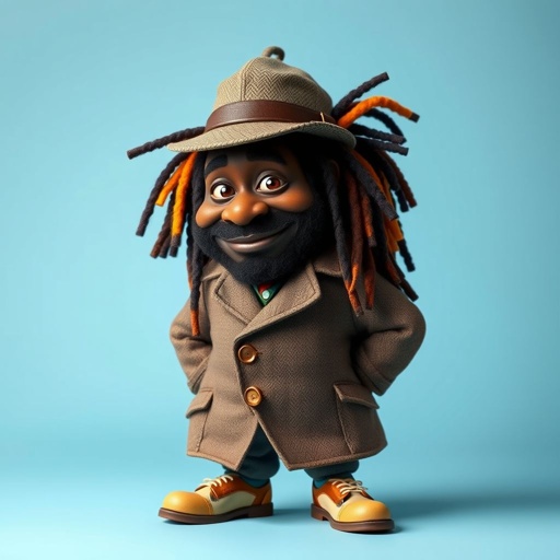 Create a funny fat character similar to Sherlock Holmes, but make him of black decent and with dread locks. Show his whole outfit including his shoes.