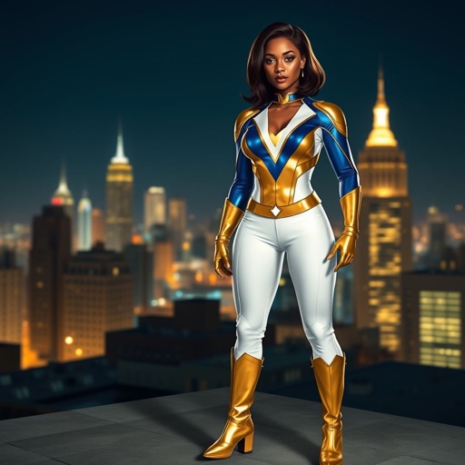 African American female superhero with shoulder length hair in a side part style wearing a  gold white and  blue suit with white pants and gold boots with a stylized V as her chest emblem  standing ona roof in a Philadelphia at night 