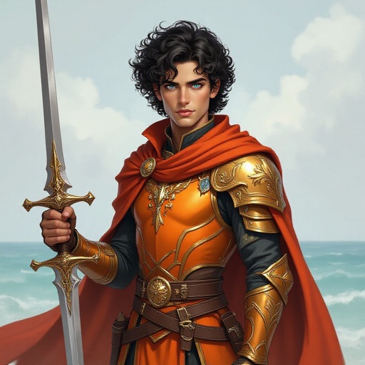 Short Dark curly hair, olive skin, sea blue eyes, tall and lanky, wearing orange and gold.
