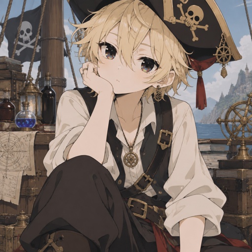 Alchemist witch pirate girl with boy look and boy clothes and has blond hair and onyx eyes with hue of rainbow white pale skin 