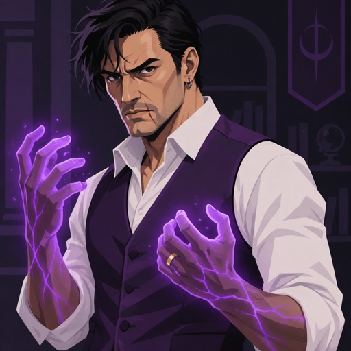 Male, slim, black messy hair, brushed side hair, scar on upper and lower lip, ear piercing ring, mid 40s, glowing purple hands, purple glowing veins, angry, bad guy, purple vest, white shirt, wedding ring
