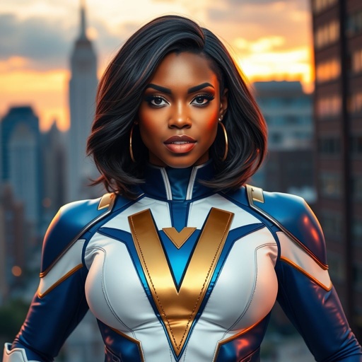 African American female superhero with shoulder length hair in a side part style wearing a homemade white and blue suit with gold accents with a stylized V as her chest emblem standing in Philadelphia at dusk