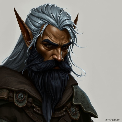 A black elf man in his late forties with a black beard 