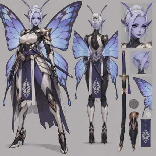 A gorgeous alien butterfly woman in a futuristic space samurai armor. Show whole body. 