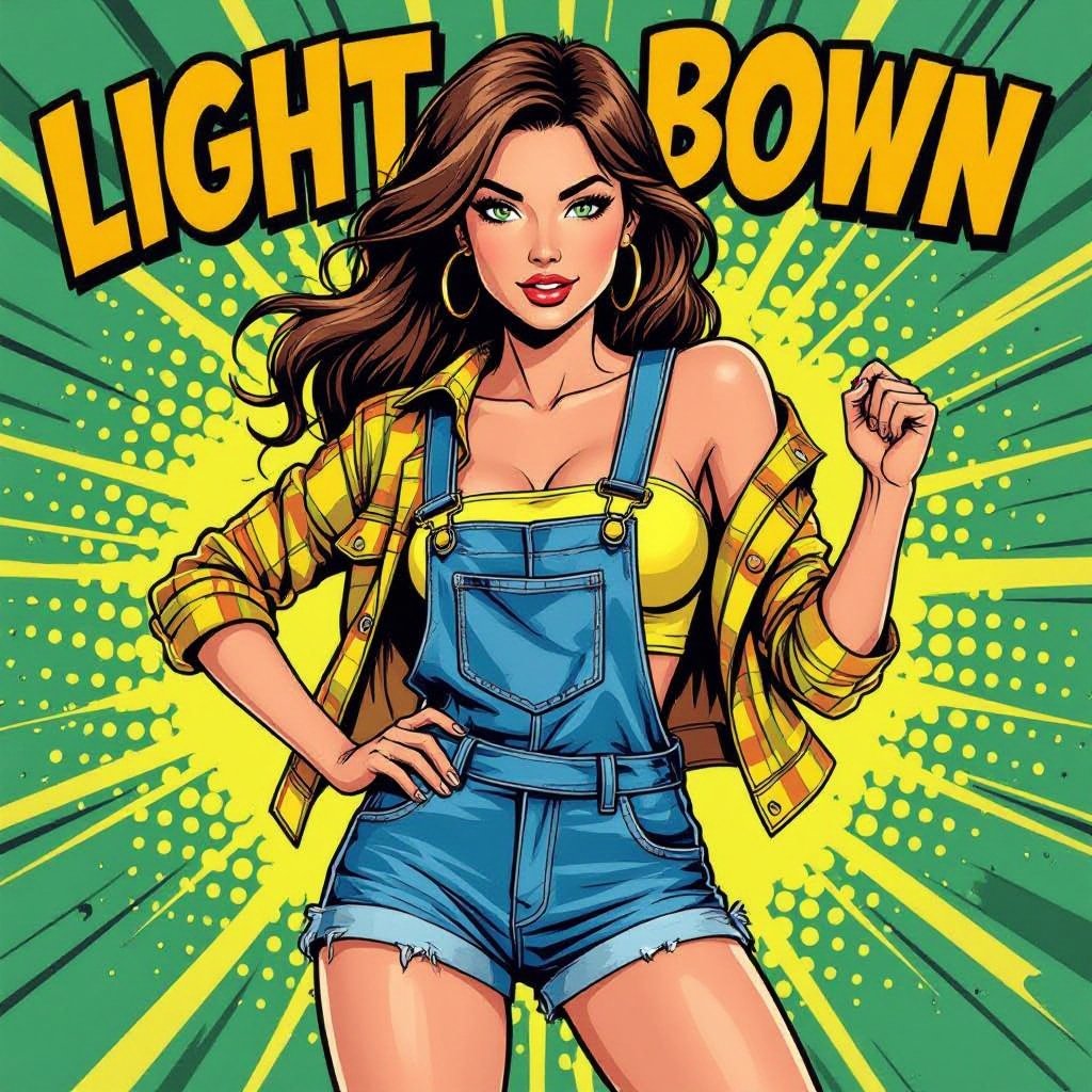 Light brown hair babe in denim mini skirt overalls and tube top. Green eyes Yellow unbuttoned flannel 