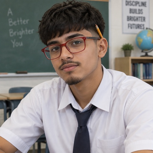 Student Boy Pencils Mustache Standard Goatee Red Glasses Black French Crop with Texture Hair