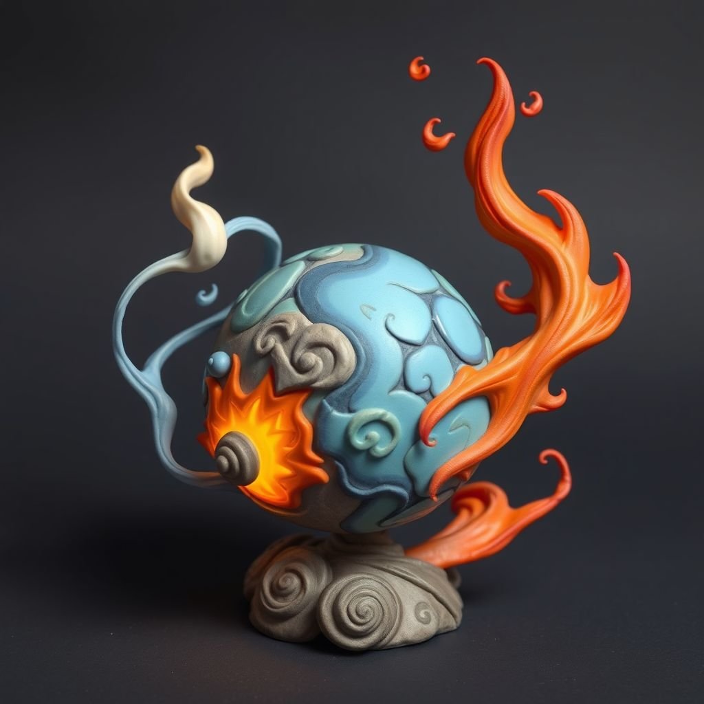 Give me a image of a ball showing power of shadow, fire, frost and mind control 