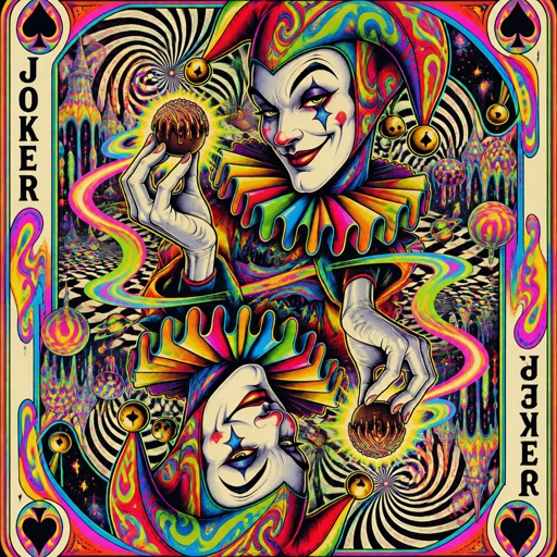 Jester holding a candy truffle on in a bicycle playing card style   