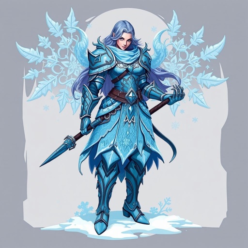 Create a battle woman hero called Alvara the Frostheart. Show full body head to toe including shoes