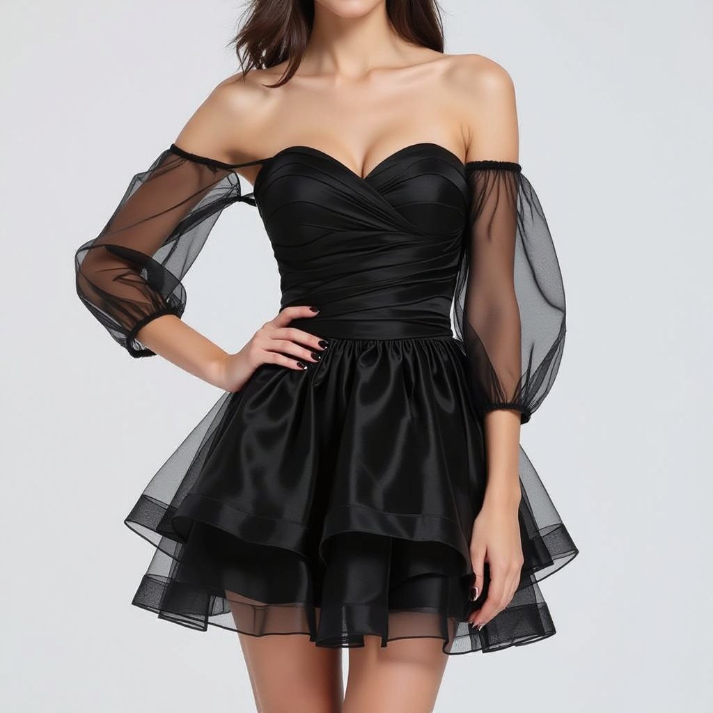 Witch in a tight organza strapless sleeveless mini dress