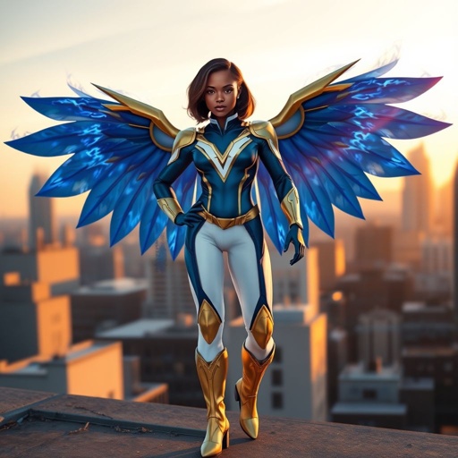 A young African American female superhero with shoulder length hair in a side part style wearing a blue and white suit made of spandex like material that’s slightly armored with gold accents with white pants and gold boots with a stylized V as her chest emblem with wings made of blue fire standing on a roof in a Philadelphia at dawn