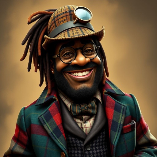 Create a funny serious fat character similar to Sherlock Holmes, but make him of black decent and with dread locks. Show his whole outfit including his shoes.