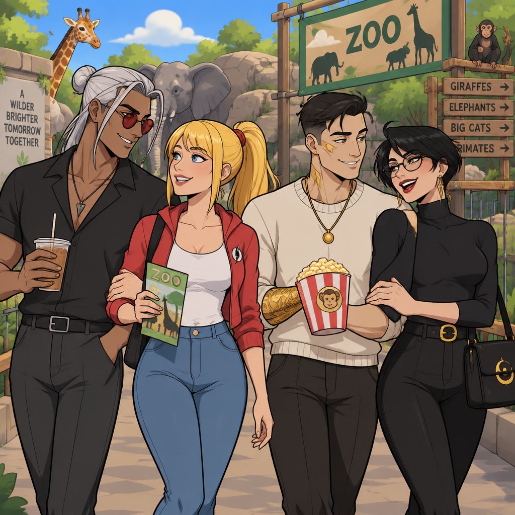 Kado Thorne from Fortnite pale white hair medium length back hair bun clean shaven, Samus Aran zero suit, Midas from Fortnite not gold skin clean shaven, Bayonetta from super smash bros short hair, all the zoo, all wearing casual clothes, double date
