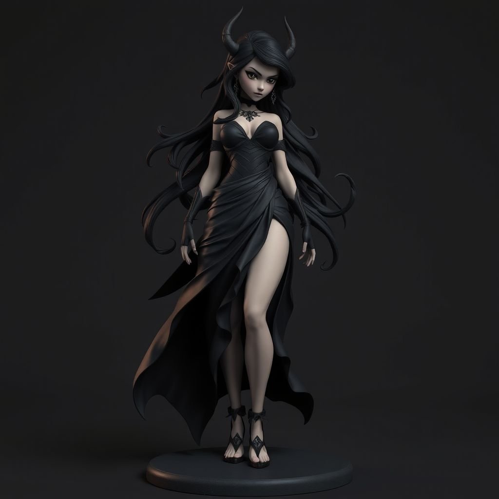 Create character hero Veyra of Shadows – A lithe, mysterious woman draped in layered black silks that move like smoke around her. With jet-black hair. Show her whole body head to toe including her shoes.