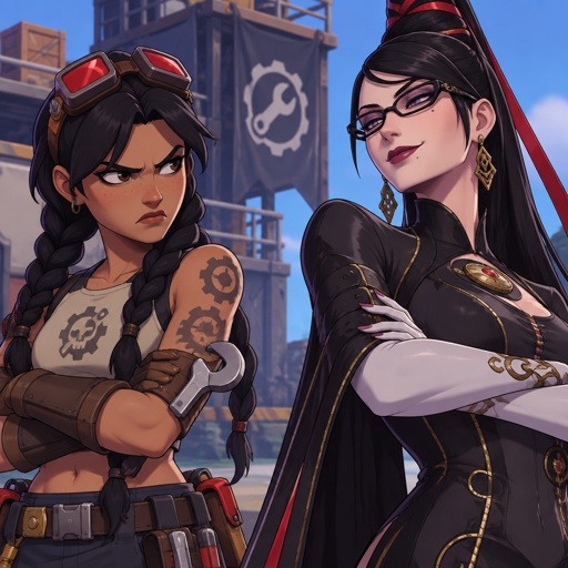 Jules from fortnite really angry, Bayonetta from super smash bros, arms crossed, smirk