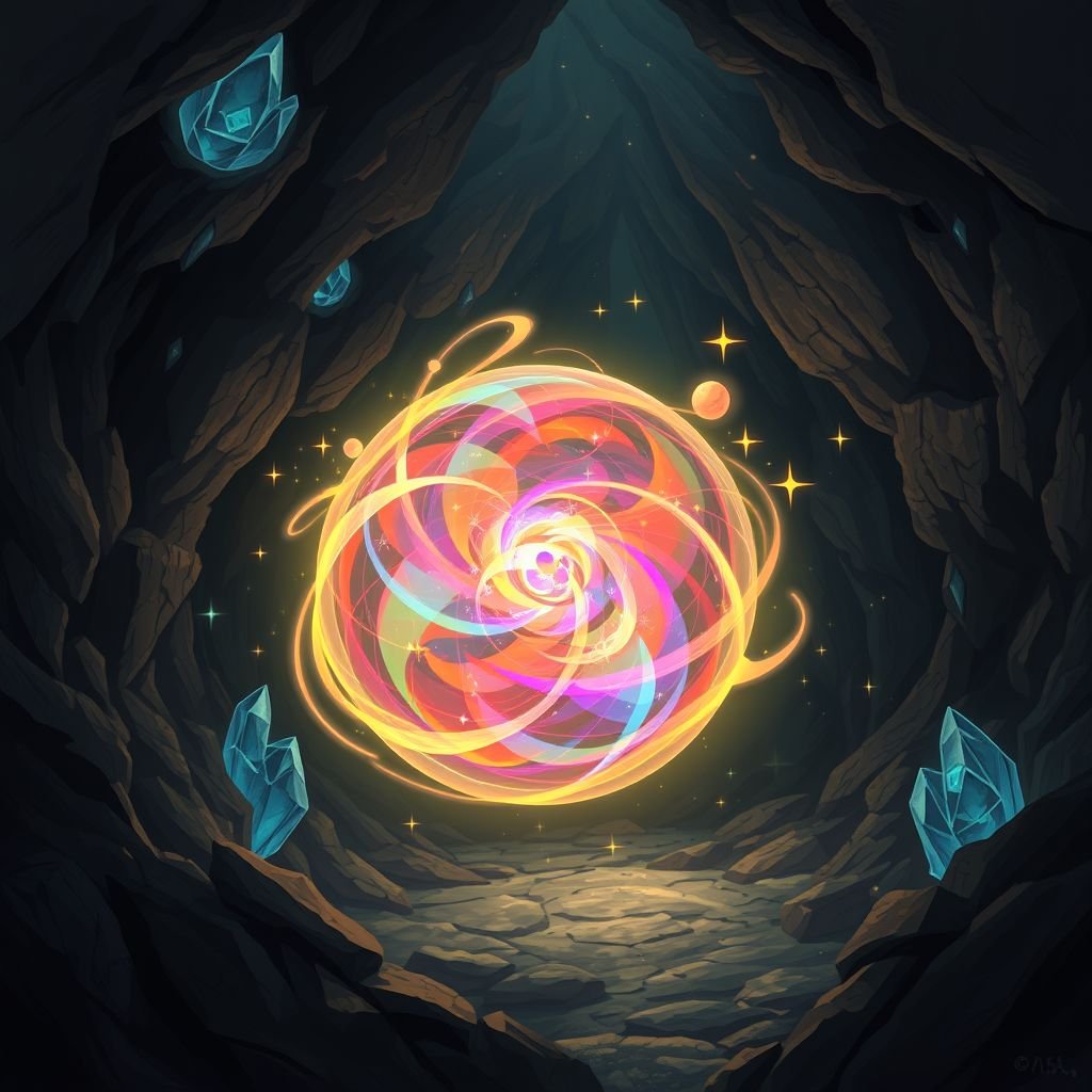 Magical ball of light floating in a cave by itself with nothing else around it