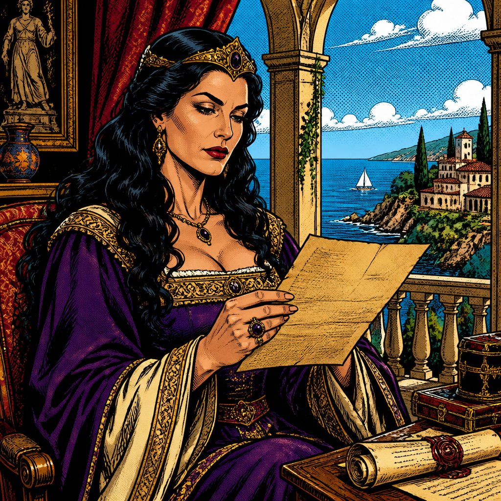 Highly realistic, intense colors, no speech bubbles a tall woman mid 40s long black hair with a tiara, dressed in renaissance robes is reading a document she is sitting in a room in a villa overlooking the sea