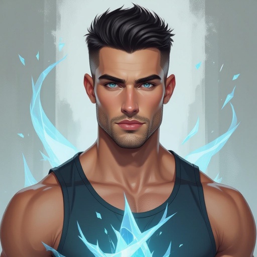 Mężczyzna. Wysoki o muskularnej budowie. Obcięty na jeżyka ciemne włosy. wygolone boki na zero. Włosy ulizane na bok. Delikatny zarost.  Orli nos. Pyzata twarz. Wąskie usta i jasne niebieskie oczy. Sportowiec. Ubrany w koszulkę bez rękawów zasłaniającą brzuch