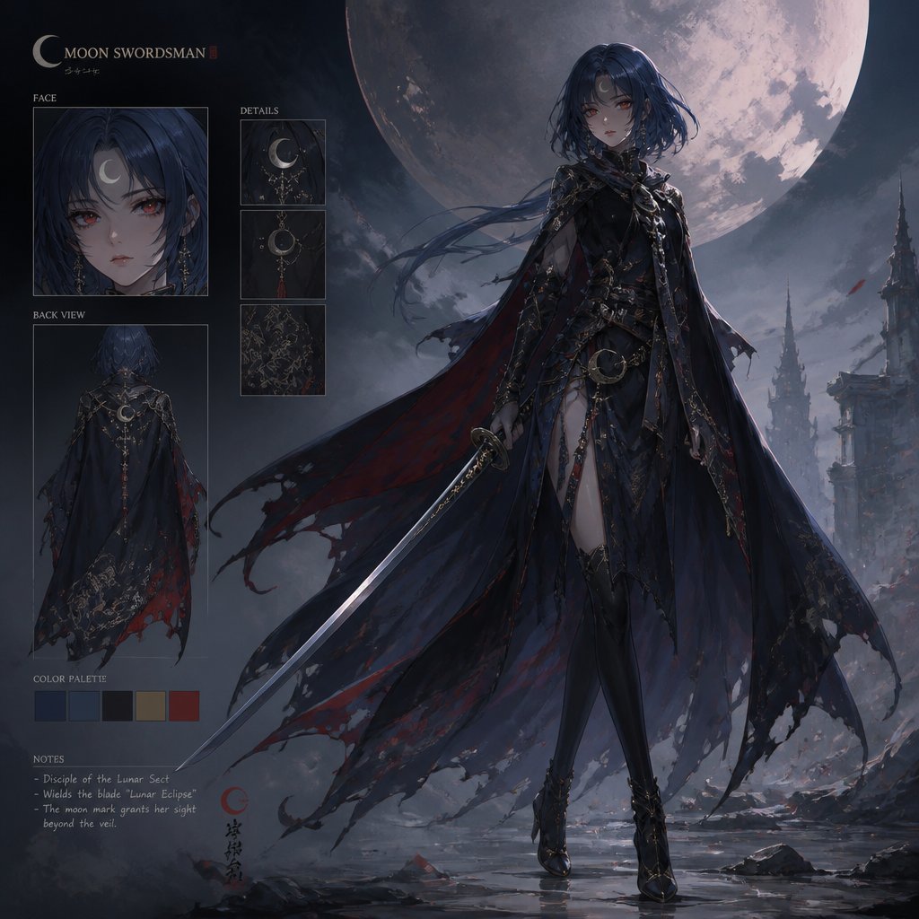female with moon mark on head blue long bob hair with red moon eyes with sword with cape